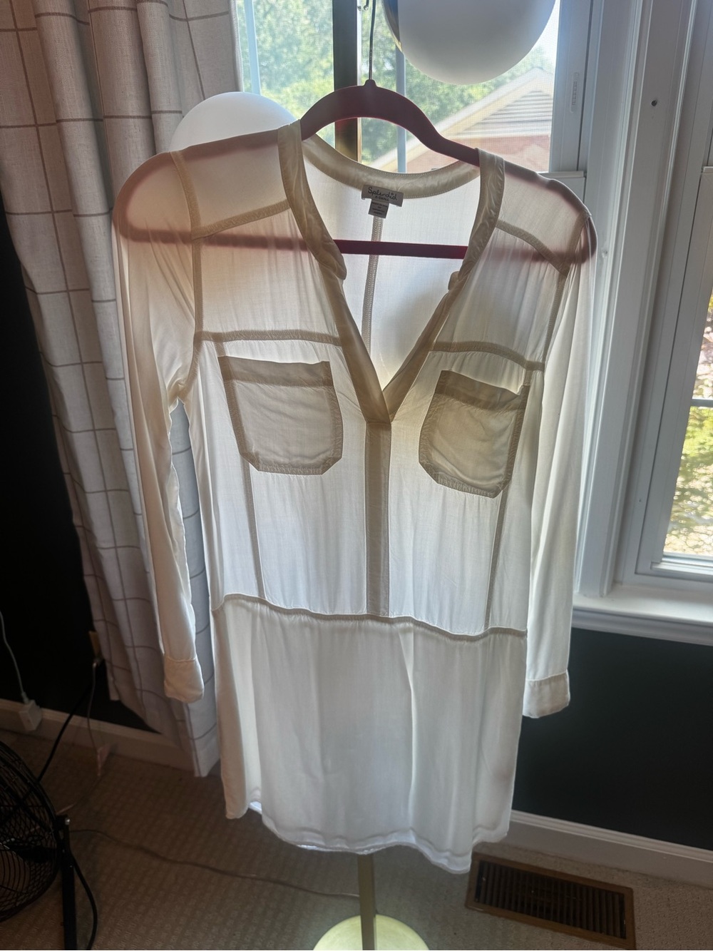 Splendid Sheer Cream V-Neck Tunic with Chest Pockets